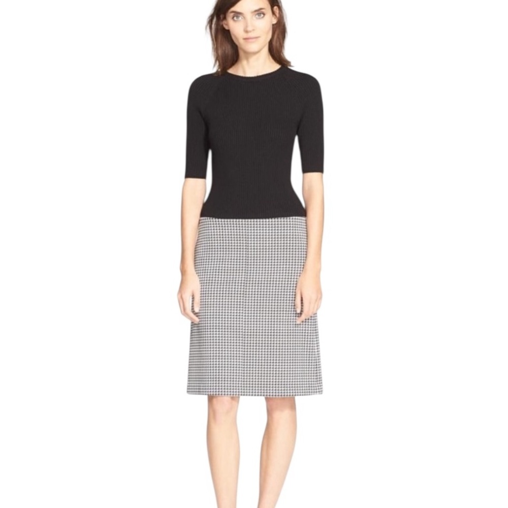 Theory Jothena Winhall Black White Mixed Media Houndstooth Ribbed Knit Dress - S